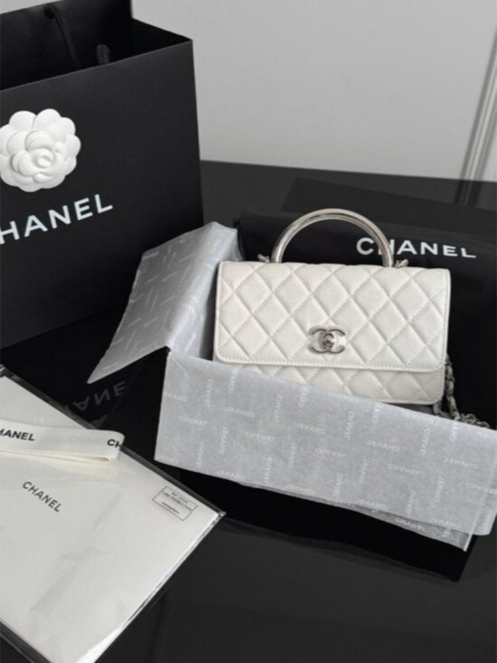 Authentic Chanel White Caviar Top Handle Flap Bag